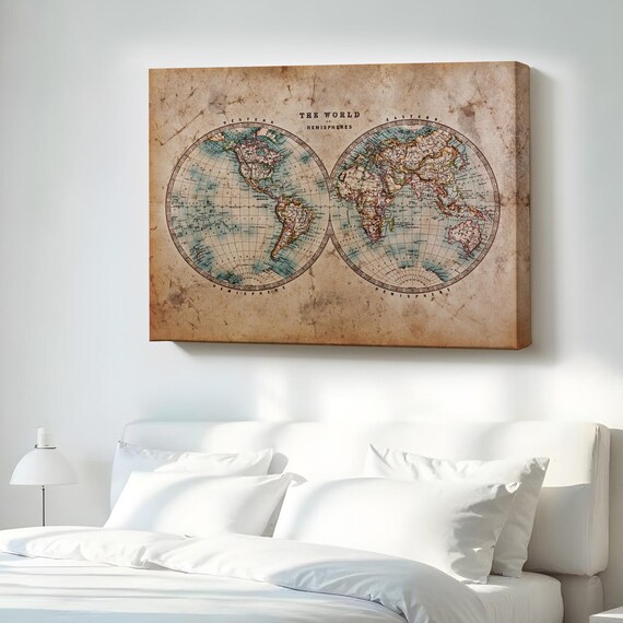 Vintage Retro World Map Painting Classic Canvas Art Modern Wall Decor Framed Room