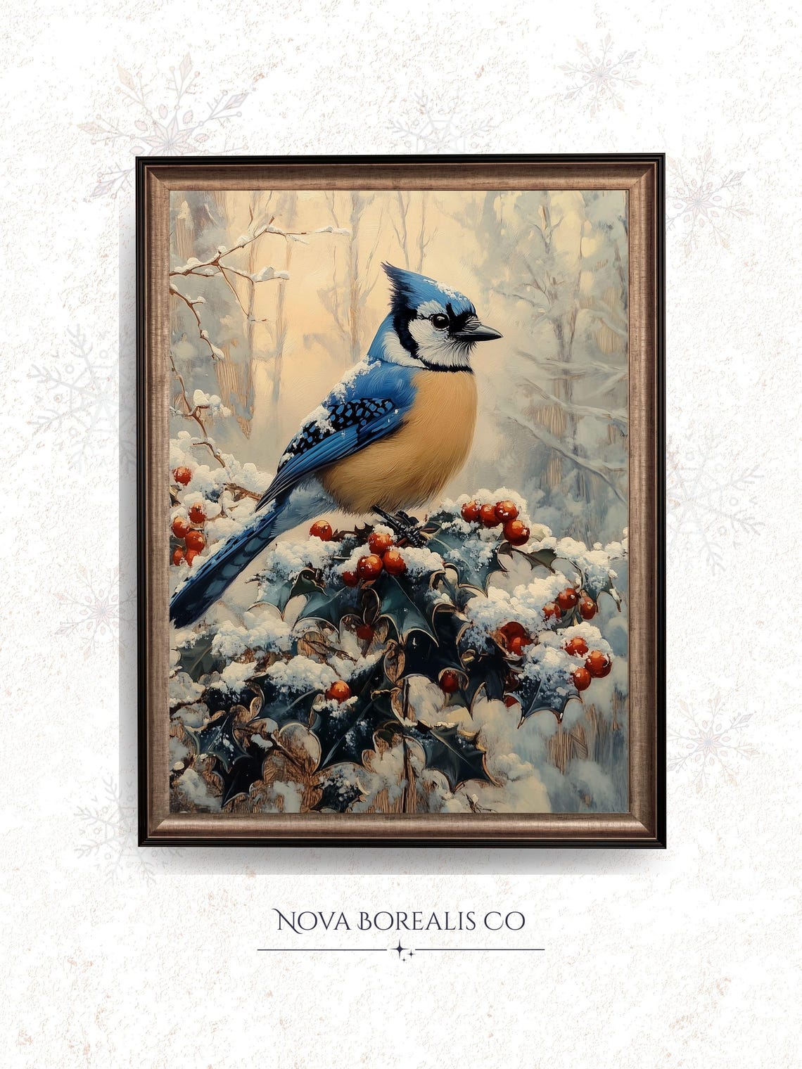 Blue Jay Perched On Snow Covered Holly With Red Berries Winter Poster