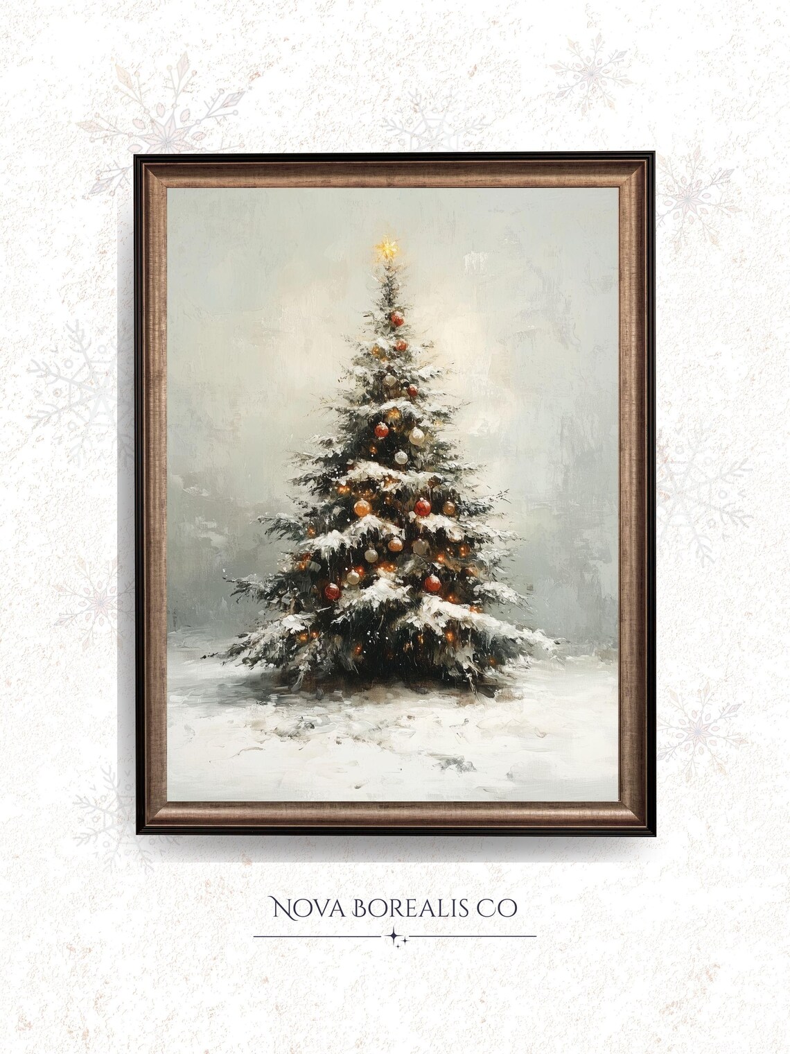 Vintage Snowy Christmas Tree Gold Star Ornaments Holiday Art Poster