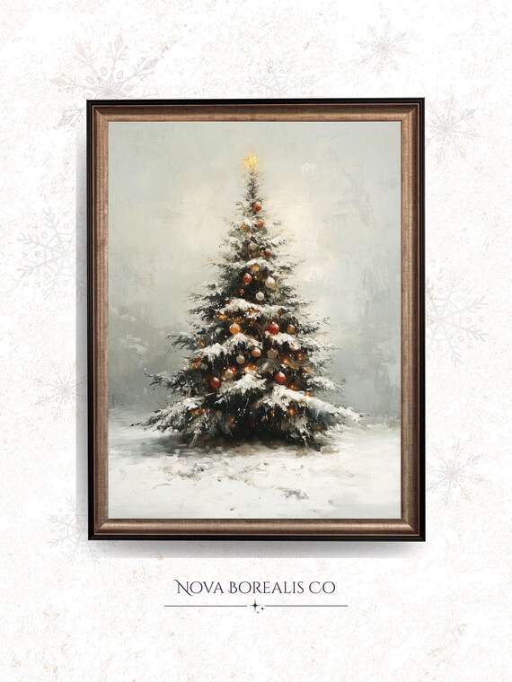 Vintage Snowy Christmas Tree Gold Star Ornaments Holiday Art Poster