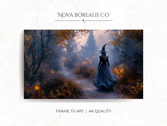 Spooky Witch In Forest Frame Tv Art Enchanted Autumn Landscape Wall Decor Mystical Nature 22