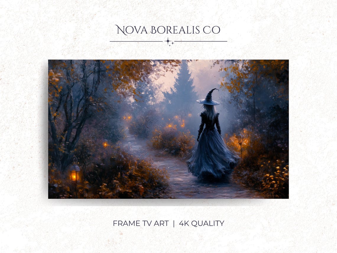 Spooky Witch In Forest Frame Tv Art Enchanted Autumn Landscape Wall Decor Mystical Nature 22