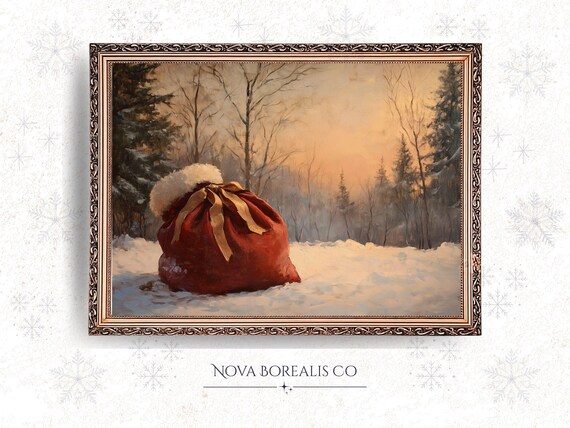 Santa Sack Gifts Snow Poster Vintage Christmas Winter Holiday Scene Art