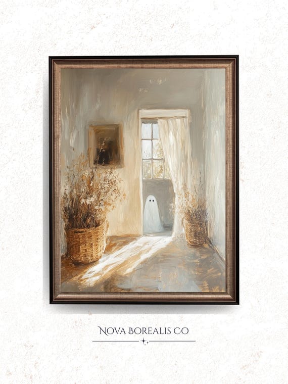 Vintage Ghostly Cottage Scene Little Behind Curtain Rustic Haunted Wall Art Autumn Decor Spooky Painting 23