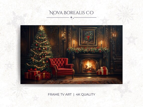 Moody Victorian Christmas Tree Fireplace Cozy Holiday TV Art Poster