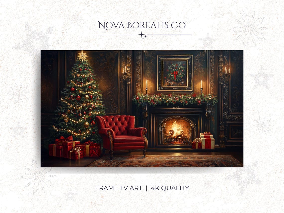 Moody Victorian Christmas Tree Fireplace Cozy Holiday TV Art Poster