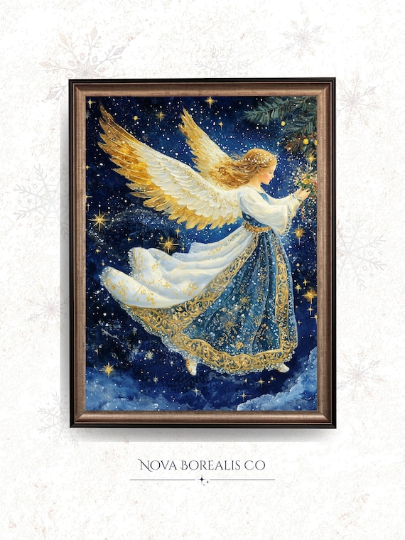 Christmas Angel With Golden Wings Starry Night Blue And Gold Robes Poster