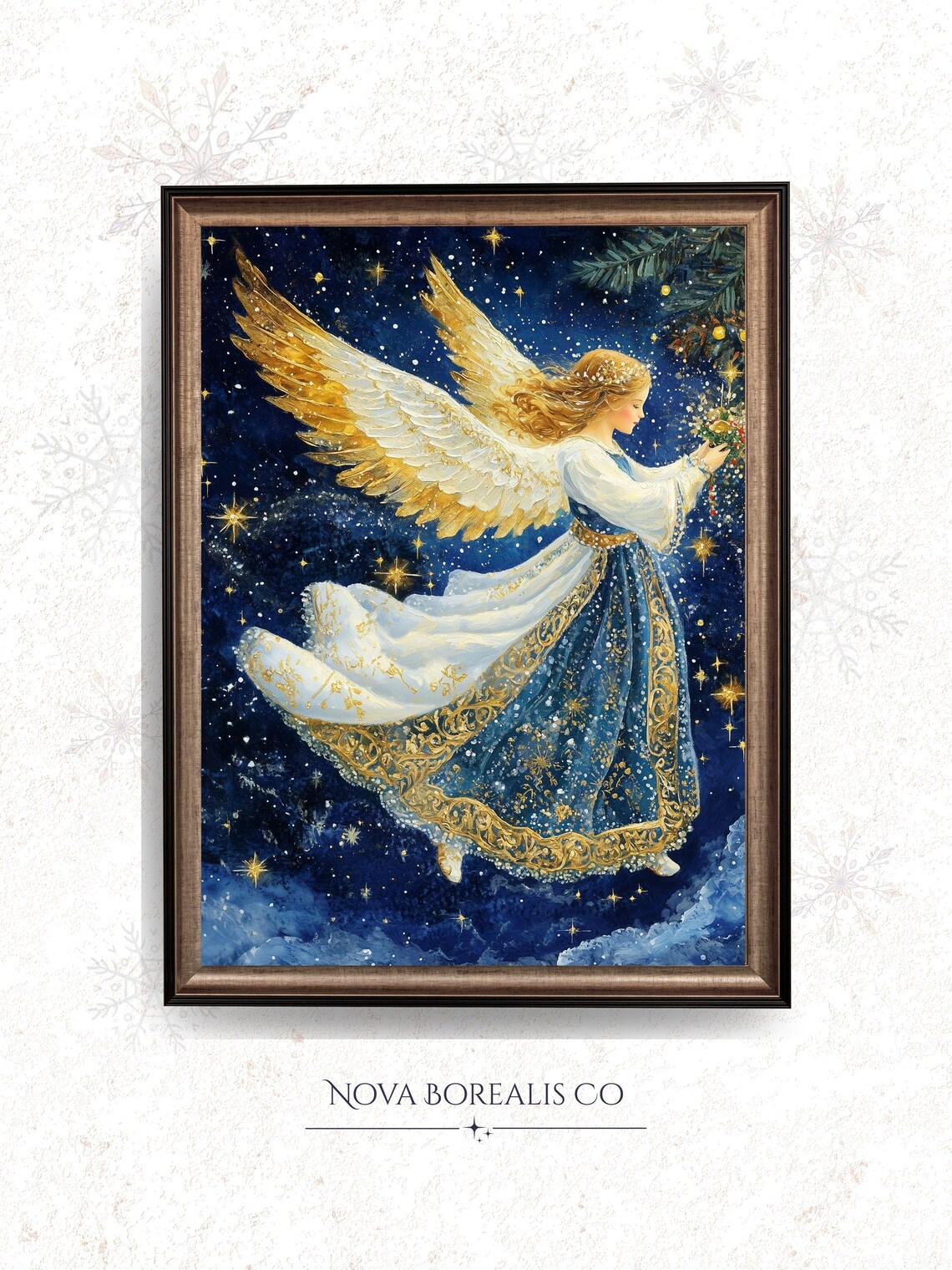 Christmas Angel With Golden Wings Starry Night Blue And Gold Robes Poster