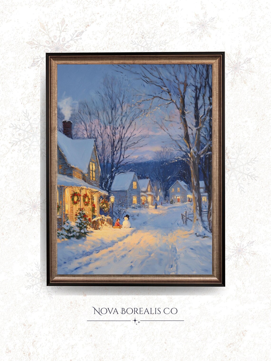 Snowy Village Street At Dusk Vintage Winter Christmas Art Poster