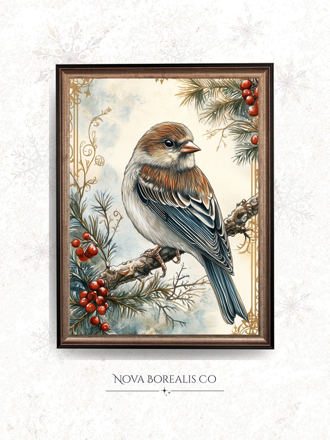 Vintage Christmas Sparrow Print Antique Botanical Wall Art Cozy Victorian Illustration Rustic Holiday Decor 89