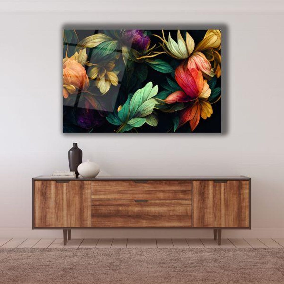 Vibrant Tropical Flowers On Dark Black Botanical Floral Poster