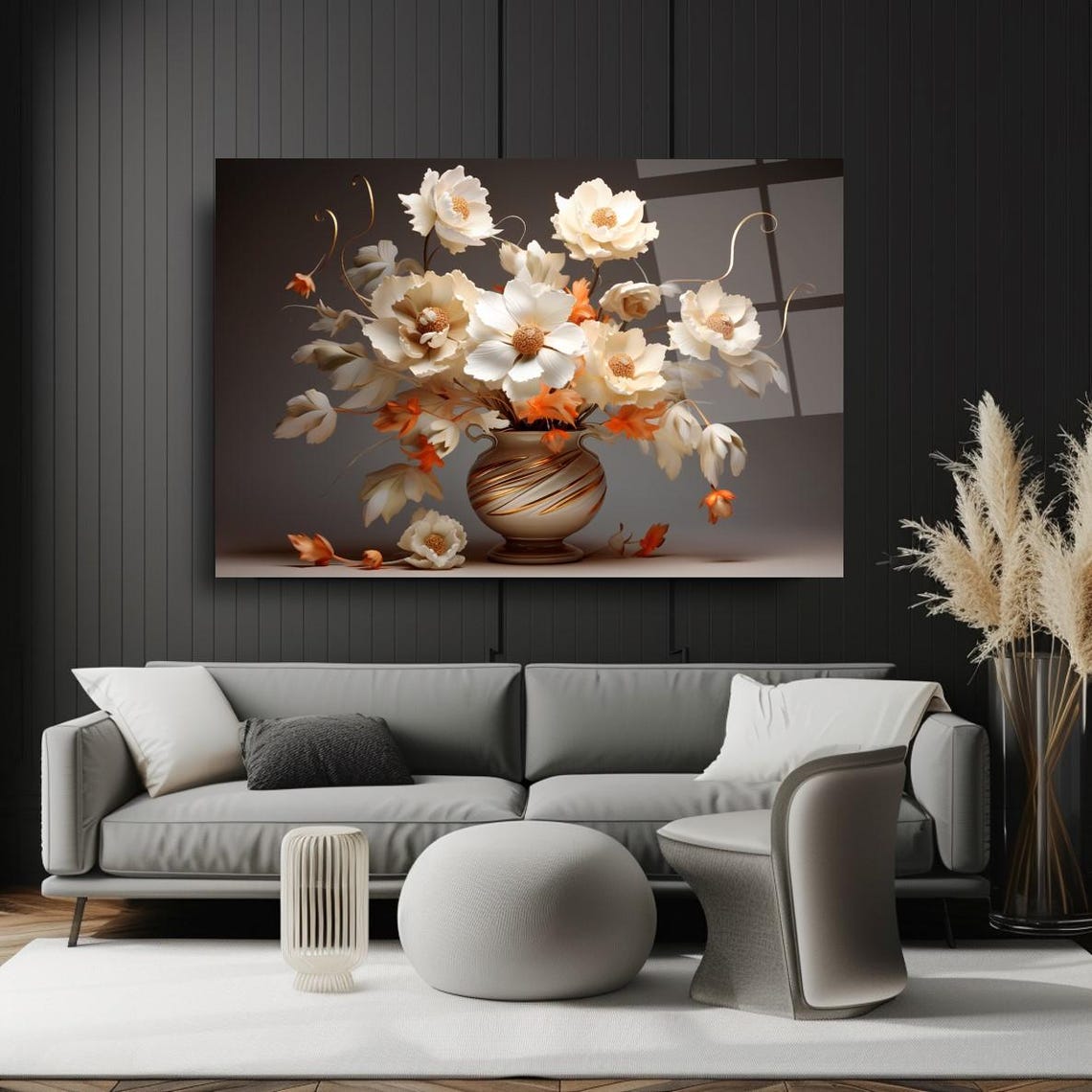White Orange Floral Vase Elegant Still Life Flower Art Poster