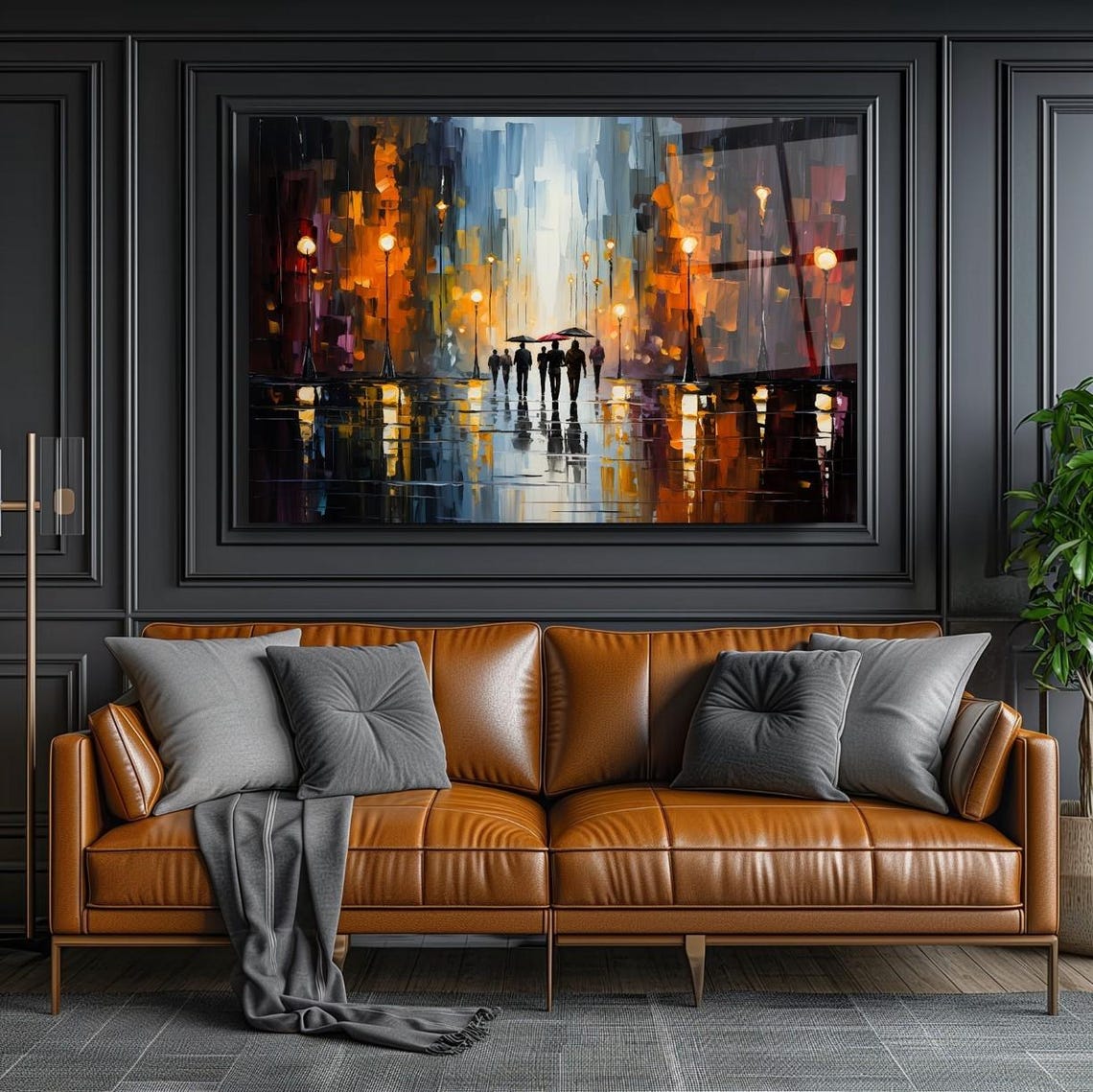 Rainy City Night Umbrella Figures Abstract Street Art Poster