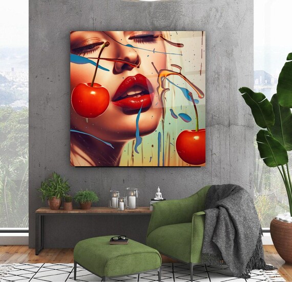 Vivid Cherry Portrait Wall Art Tempered Glass Print Modern Pop Art Decor Luxury Glass Wall Art For Home And Office