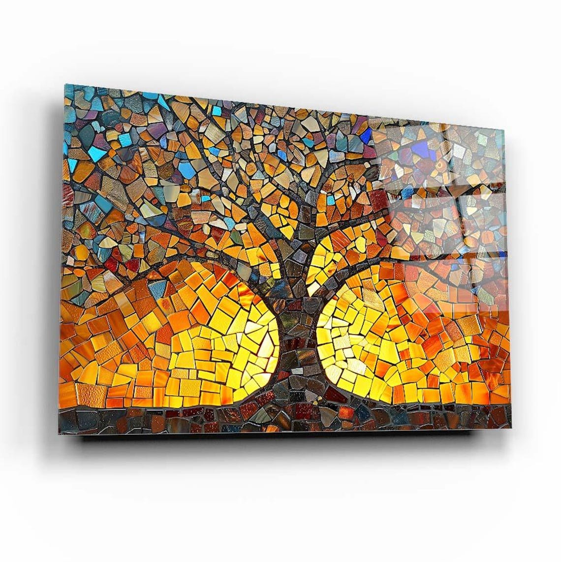 Tree Of Life Mosaic Wall Art Tempered Glass Print Sunset Glow Wall Decor Elegant Home Decor Modern Wall Glass Design - Image 2