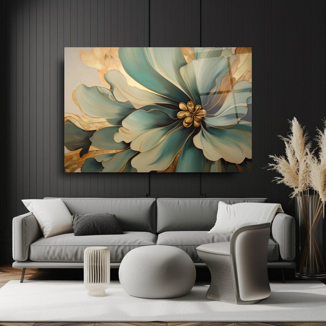Teal Gold Abstract Flower Close Up Modern Botanical Bloom Poster