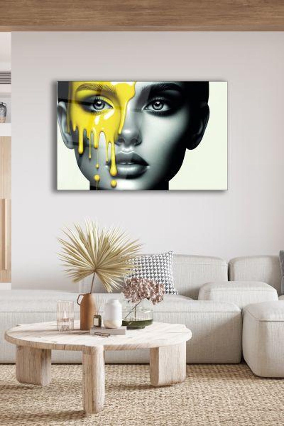 Modern Surrealism Tempered Glass Wall Art Striking Monochrome Portrait With Yellow Accents Bold Artistic Expression Unique Home Decor - Image 3