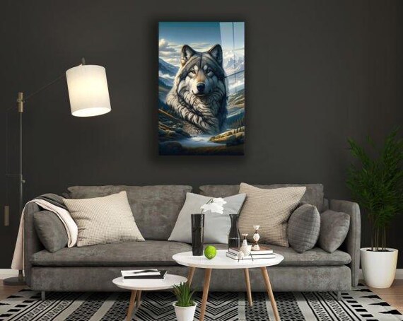Grey Wolf Portrait Over Mountain Valley Tempered Glass Wildlife Art Poster