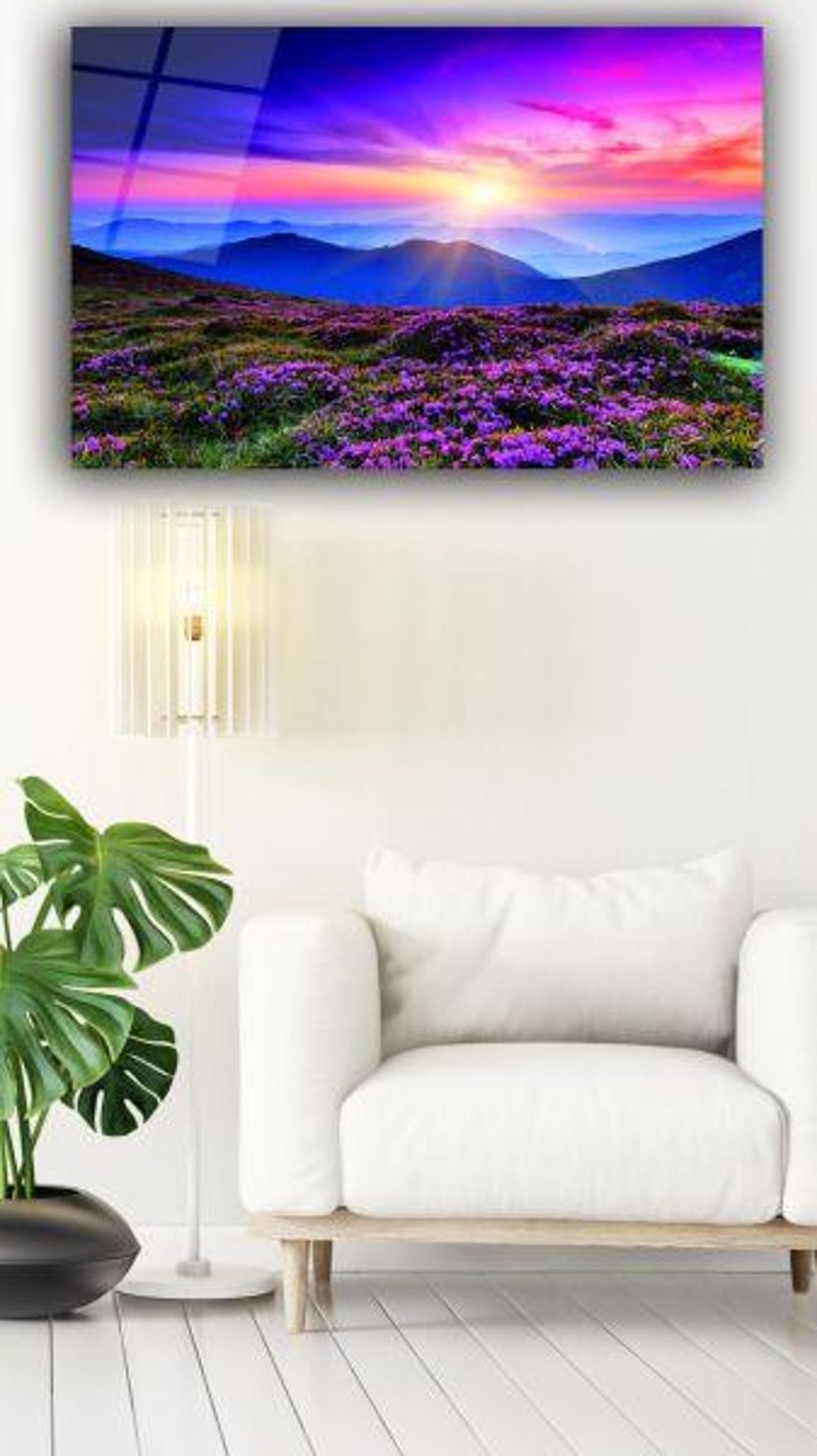 Purple Mountain Sunset Over Pink Wildflower Meadow Scenic Poster - Image 3