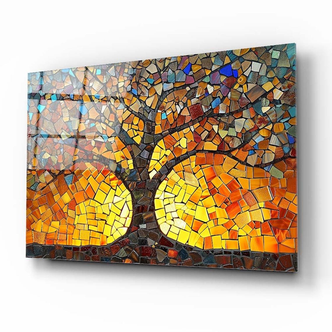 Mosaic Tree of Life Glowing at Sunset Tempered Glass Wall Art - Image 3