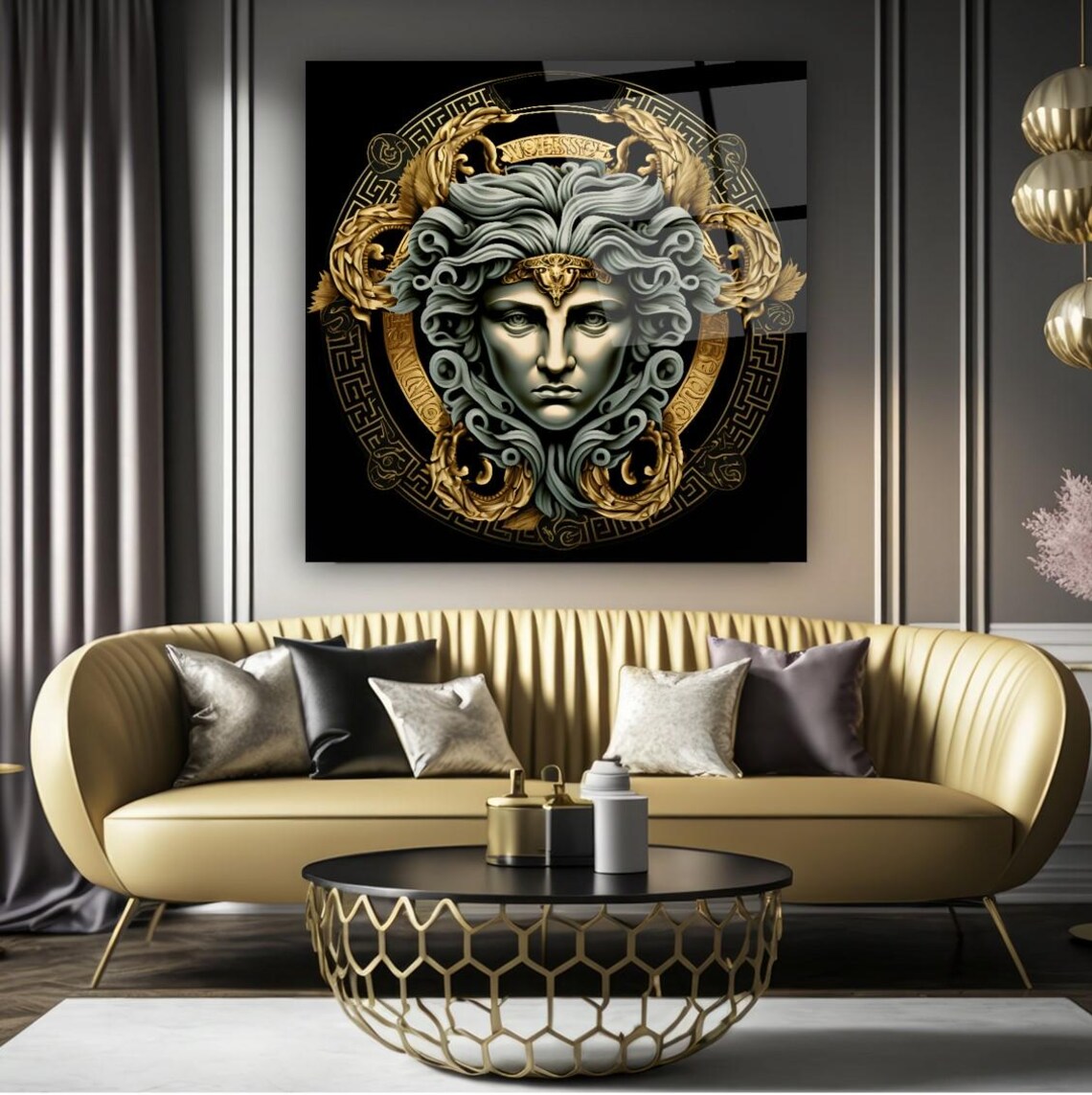 Mythical Medusa Portrait with Golden Ornaments on Black Wall Art