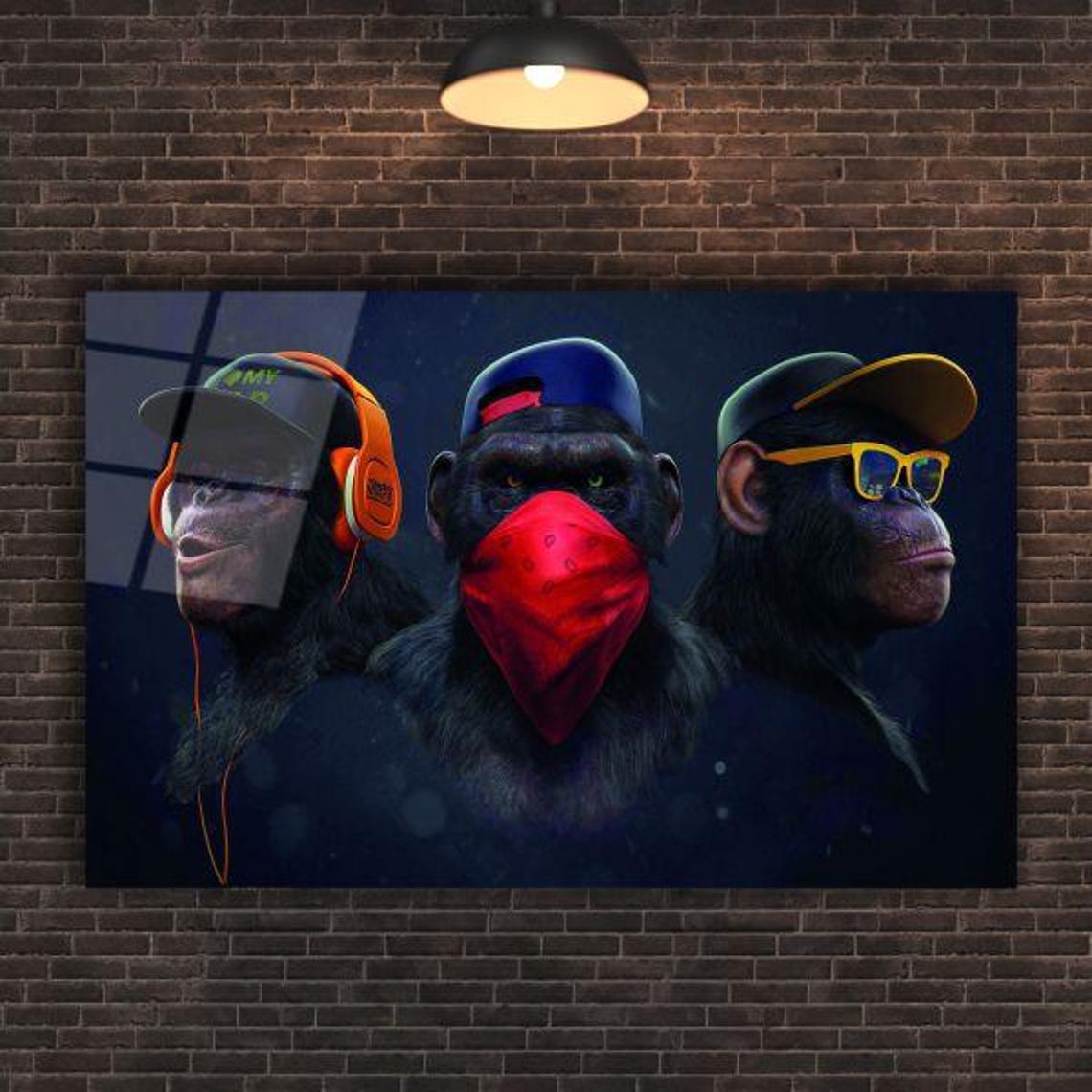 Urban Jungle Trio Tempered Glass Wall Art Contemporary Chimpanzee Decor Street Style Animal Home Accent - Image 2