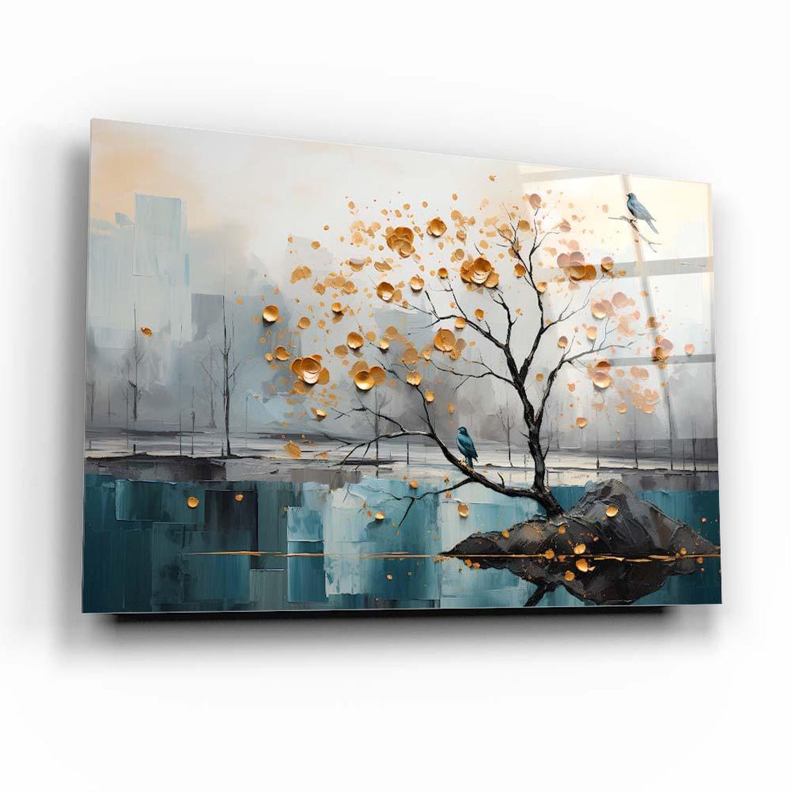 Golden Blossom Tree Birds Teal Waters Elegant Nature Art Poster - Image 3