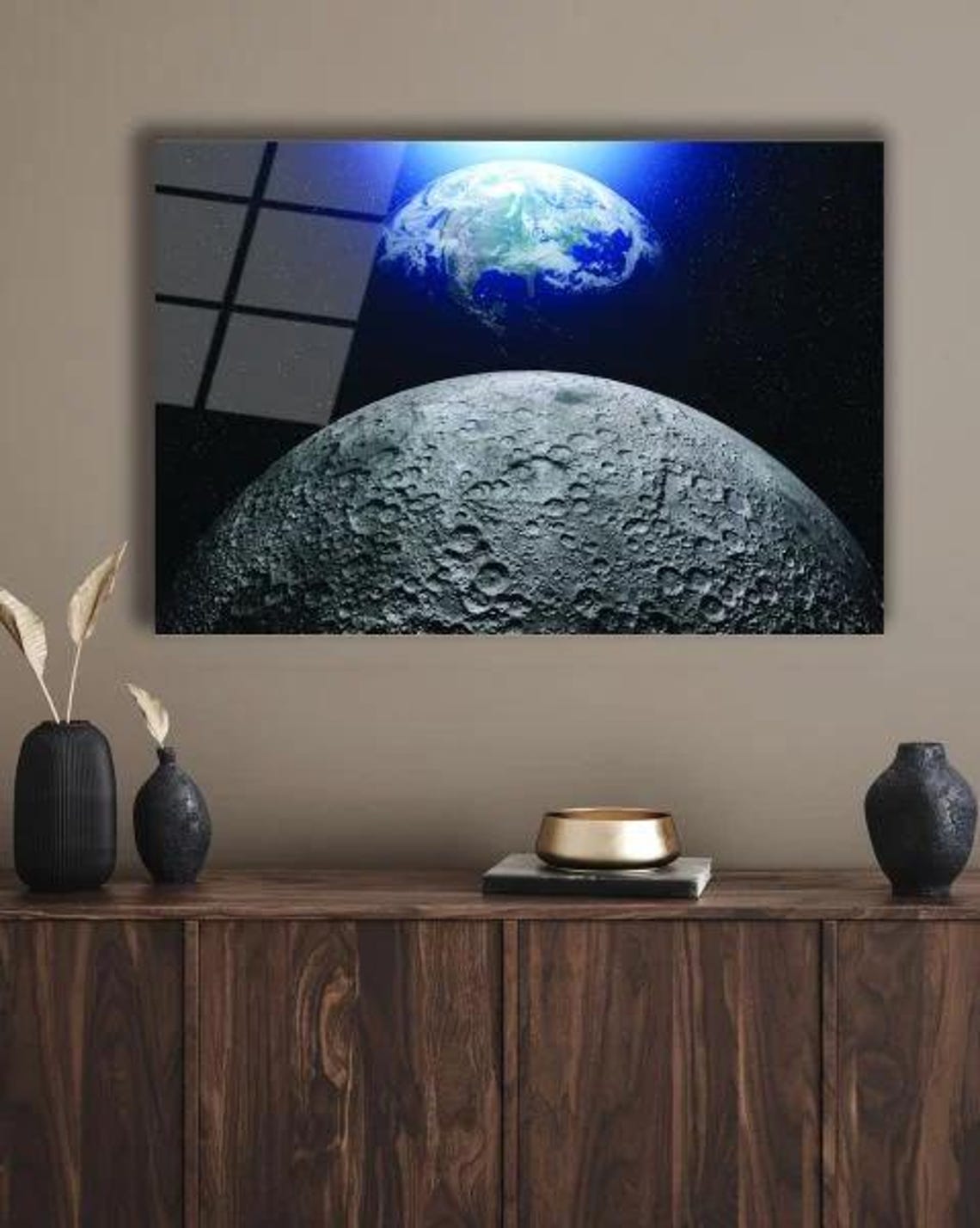 Celestial Harmony Tempered Glass Wall Art Earth And Moon View Cosmic Beauty Decor Modern Space Themed Wall Accent - Image 3