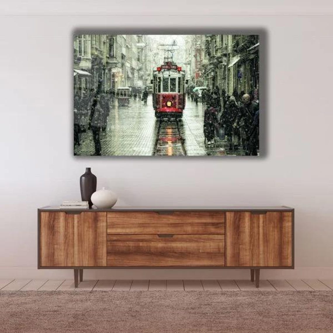 Vintage Red Tram Rolling Through Snowy Old City Street Winter Poster