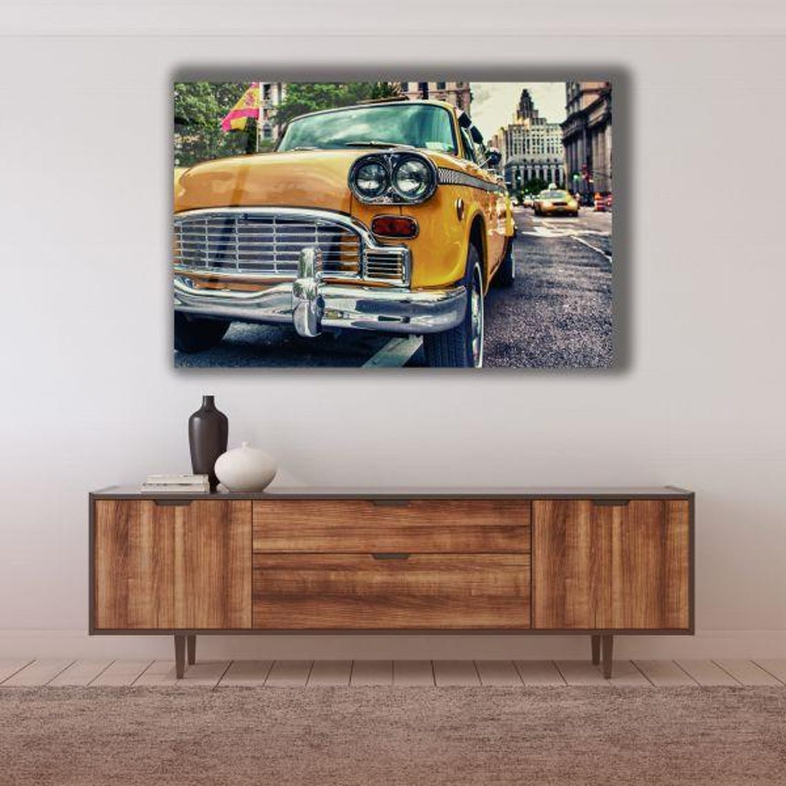 Classic Yellow Checker Taxi Cab Front View On City Street Poster