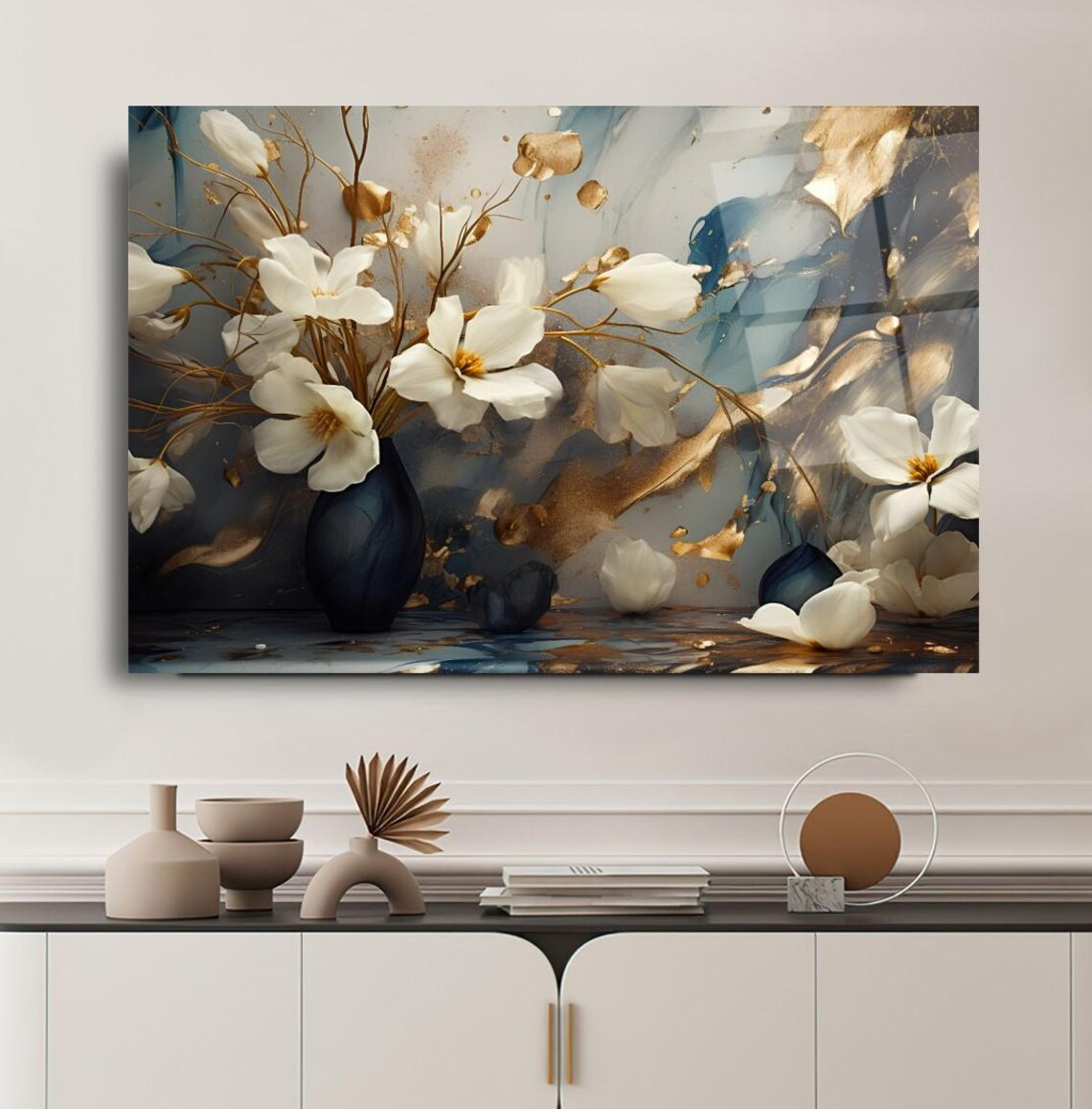Elegant Floral Tempered Glass Wall Art White And Gold Flowers In Vase Modern Glass Print Luxury Wall Decor For Home Or Office - Image 3
