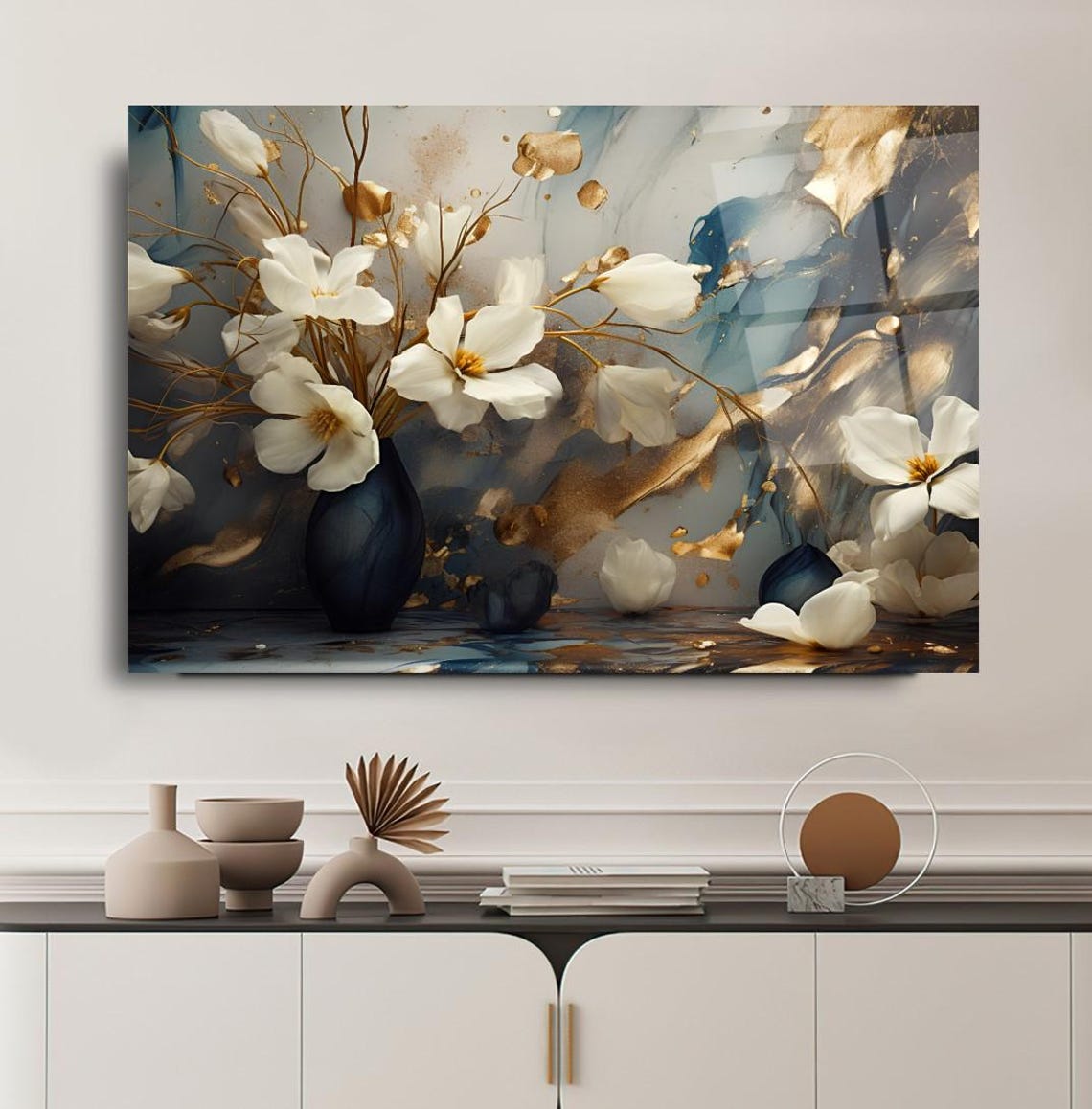 White Magnolia Flowers Dark Vase Gold Blue Floral Art Poster - Image 3