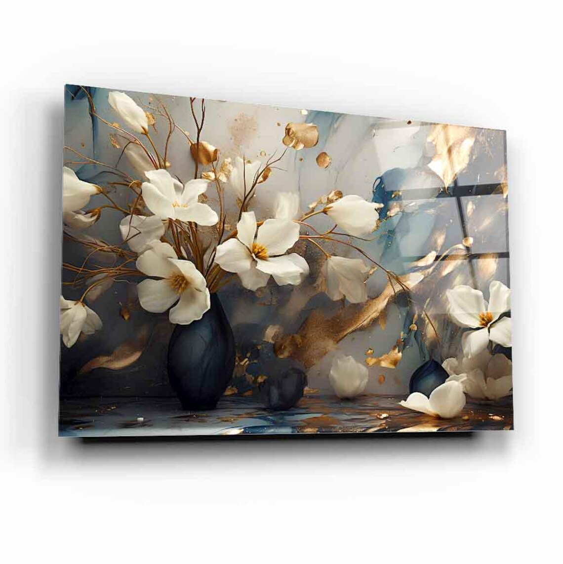 Elegant Floral Tempered Glass Wall Art White And Gold Flowers In Vase Modern Glass Print Luxury Wall Decor For Home Or Office - Image 2