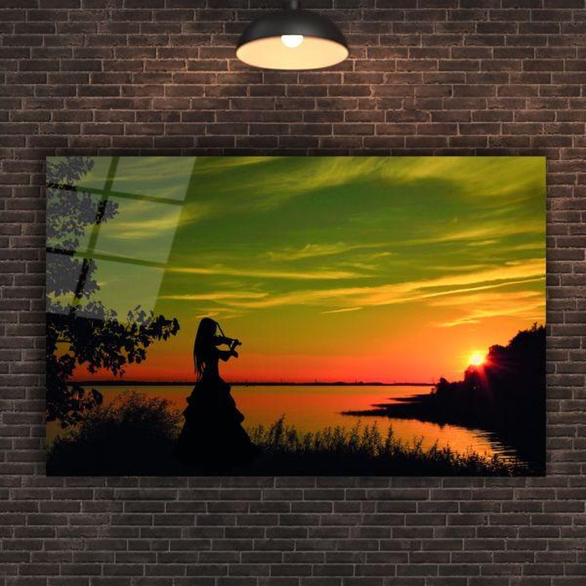 Silhouette Sunset Serenade Tempered Glass Wall Art Elegant Home Decor Vibrant Wall Decor Tranquil Lake Scene - Image 2