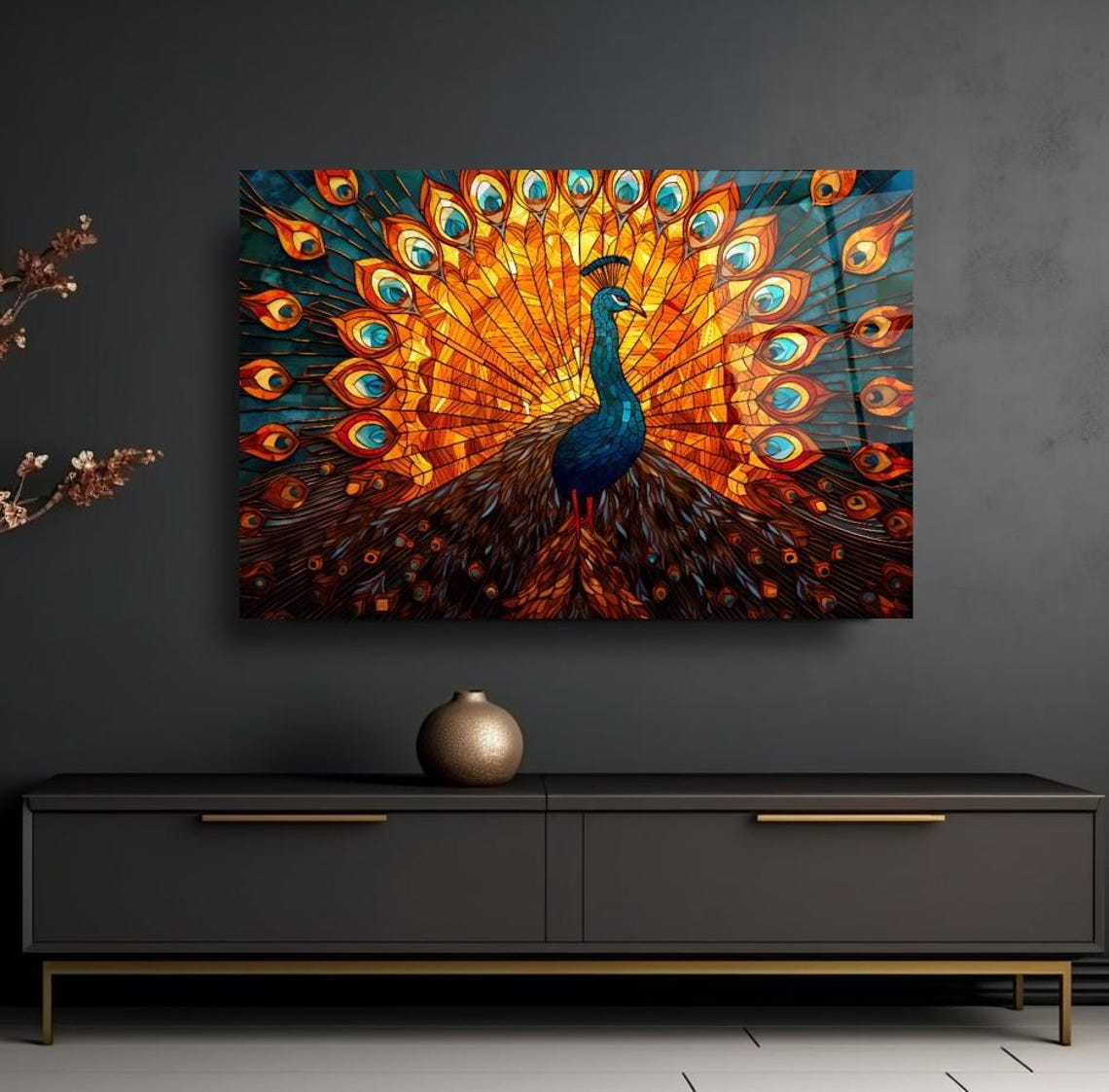 Majestic Peacock With Golden Fan Stained Glass Style Modern Poster - Image 3