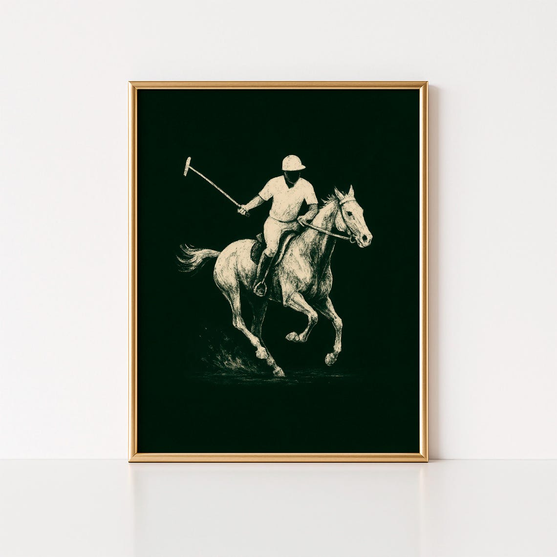 Polo Player on Horseback White Chalk Sketch on Deep Green Wall Art