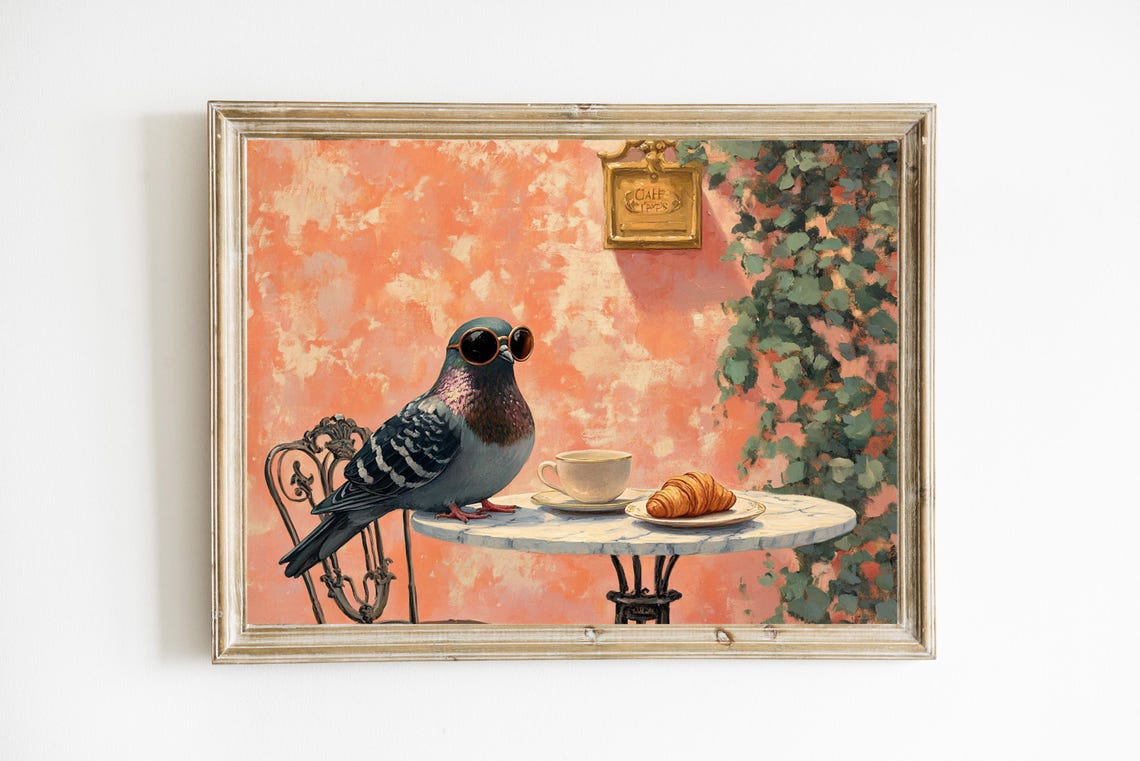 Pigeon In Sunglasses Parisian Café Scene Whimsical Bird Print