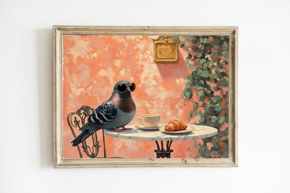 Pigeon With Sunglasses Whimsical Animal Art Modern Funny Decor Painting Fine Lover Gift E492