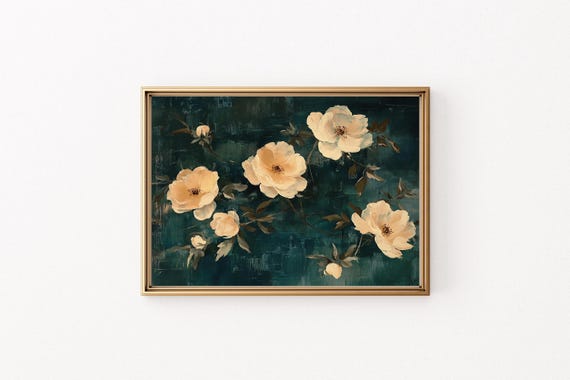 Vintage Dark Green Floral Moody Flower Painting Antique Botanical Art Print Wall Decor E242