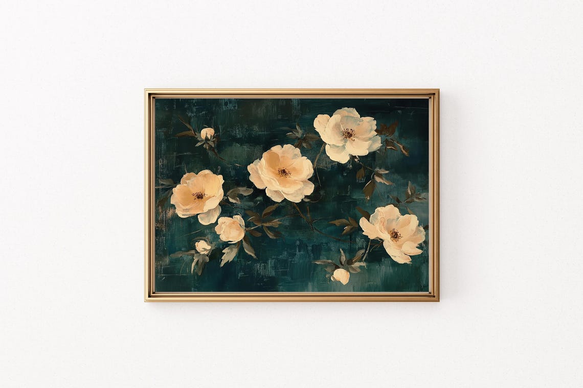 Moody White Roses on Deep Green Vintage Botanical Floral Wall Art