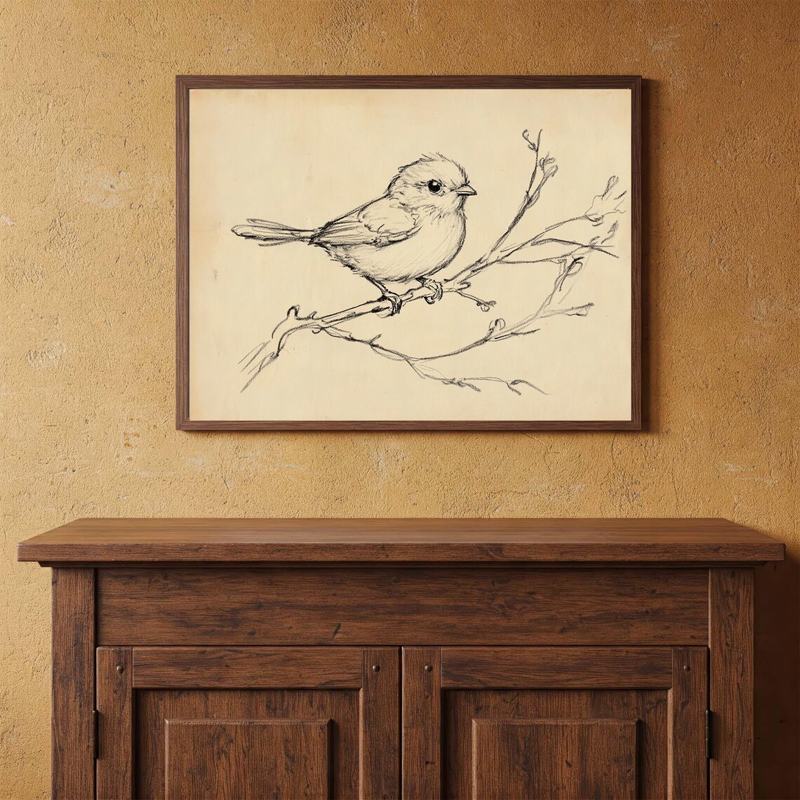 Vintage Bird Sketch Songbird Branch Pencil Drawing Art Print