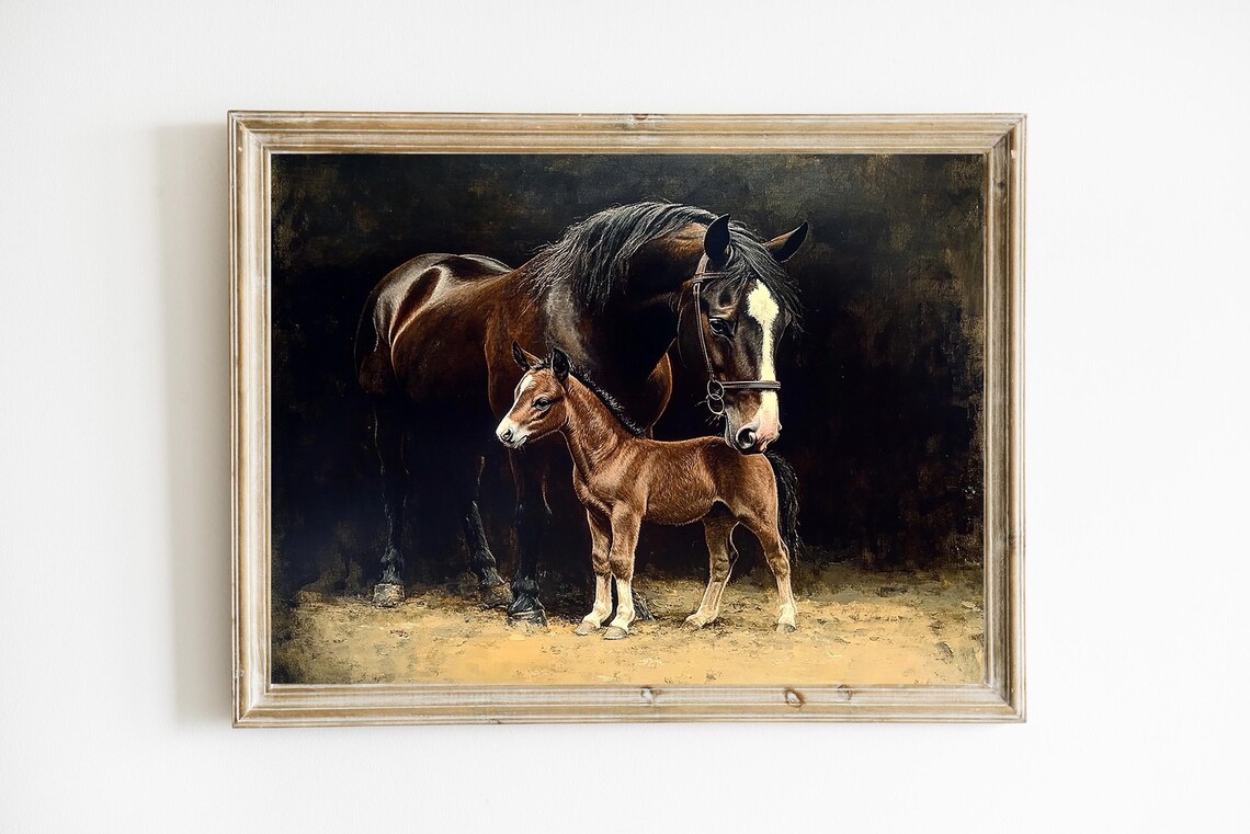 Mare And Foal Vintage Equestrian Oil Painting Horse Art Poster