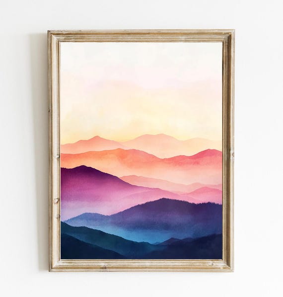 Mountain Sunset Abstract Wall Art Contemporary Decor Minimalist Landscape Print Colors E567