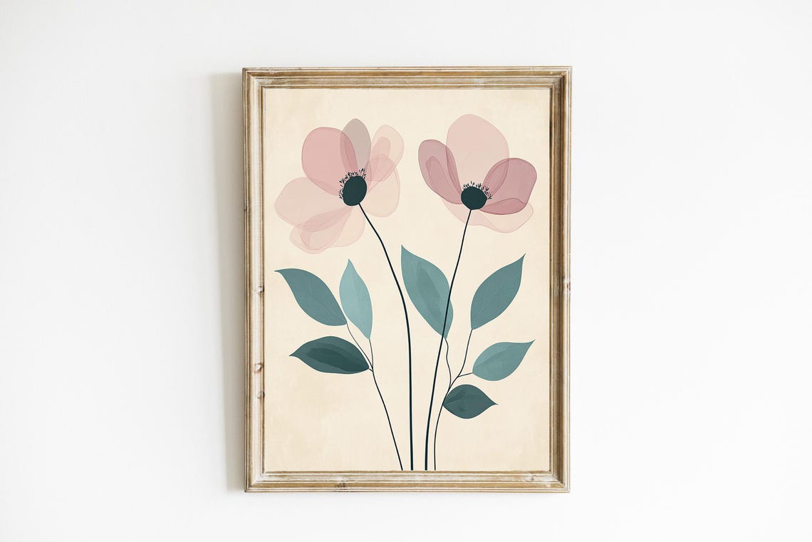 Blush Pink Peony Minimal Floral Botanical Poster on Cream Background