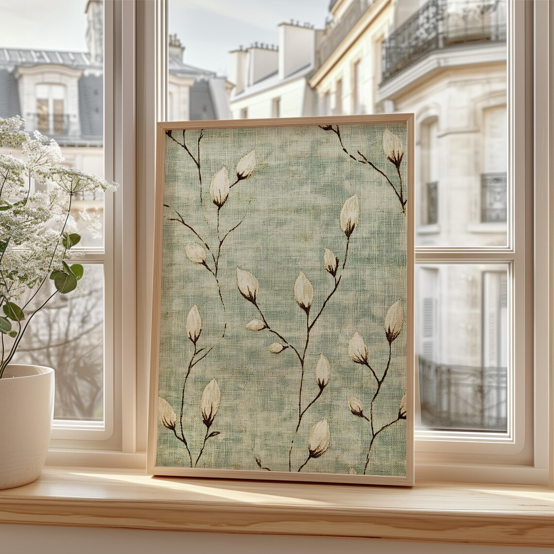 Pussywillow Textile Sage Green And Beige Tapestry Art Vintage Traditional Spring Nursery Wall E665