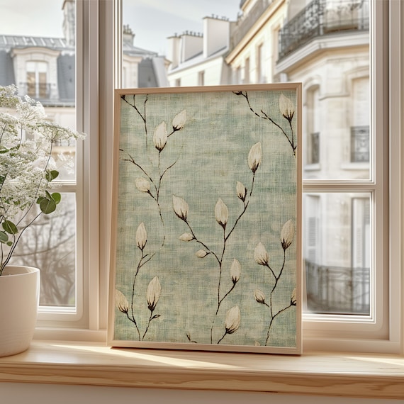 Pussywillow Textile Sage Green And Beige Tapestry Art Vintage Traditional Spring Nursery Wall E665