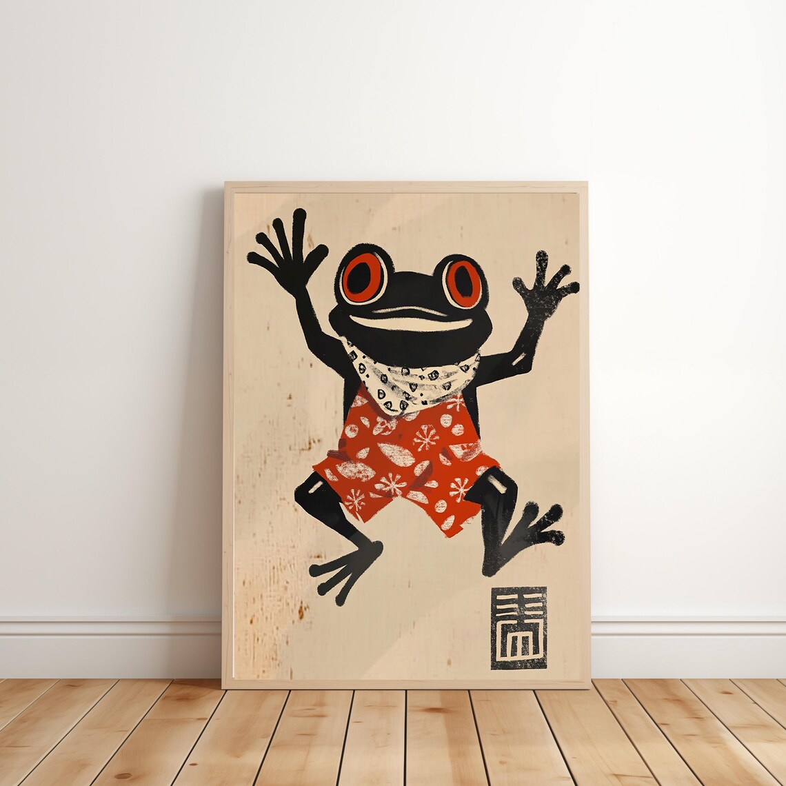 Green Frog Among Red Blossoms Japanese Woodblock Vintage Animal Print