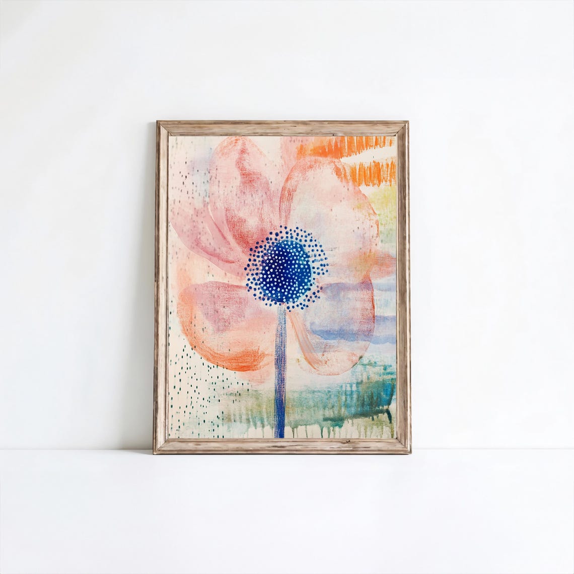 Abstract Pink Flower Botanical Painting Muted Blue Center Print