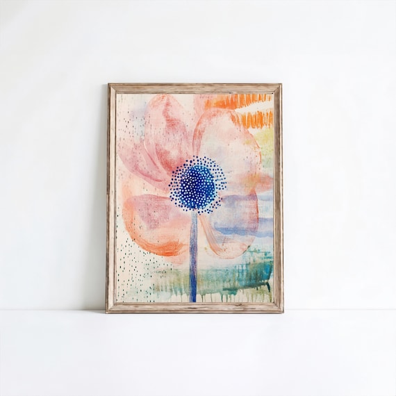 Abstract Pink Flower Botanical Painting Muted Blue Center Print