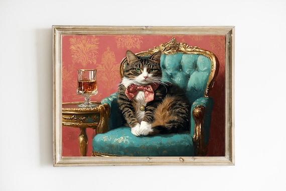 Sophisticated Cat Print Whimsical Art Funny Decor Tabby Painting Fine Lover Gift E842